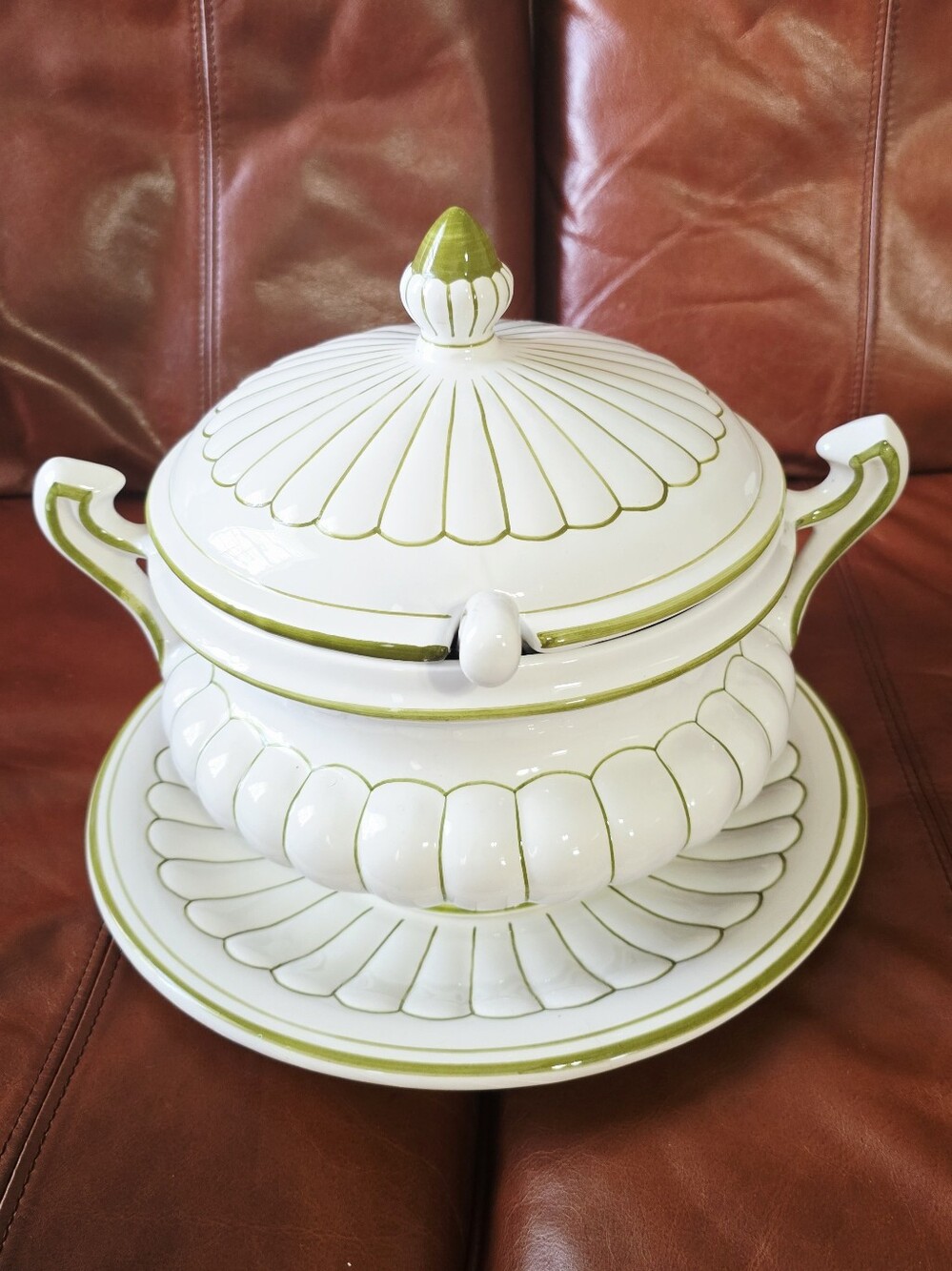 White and Olive Green Lidded Tureen with Underplate